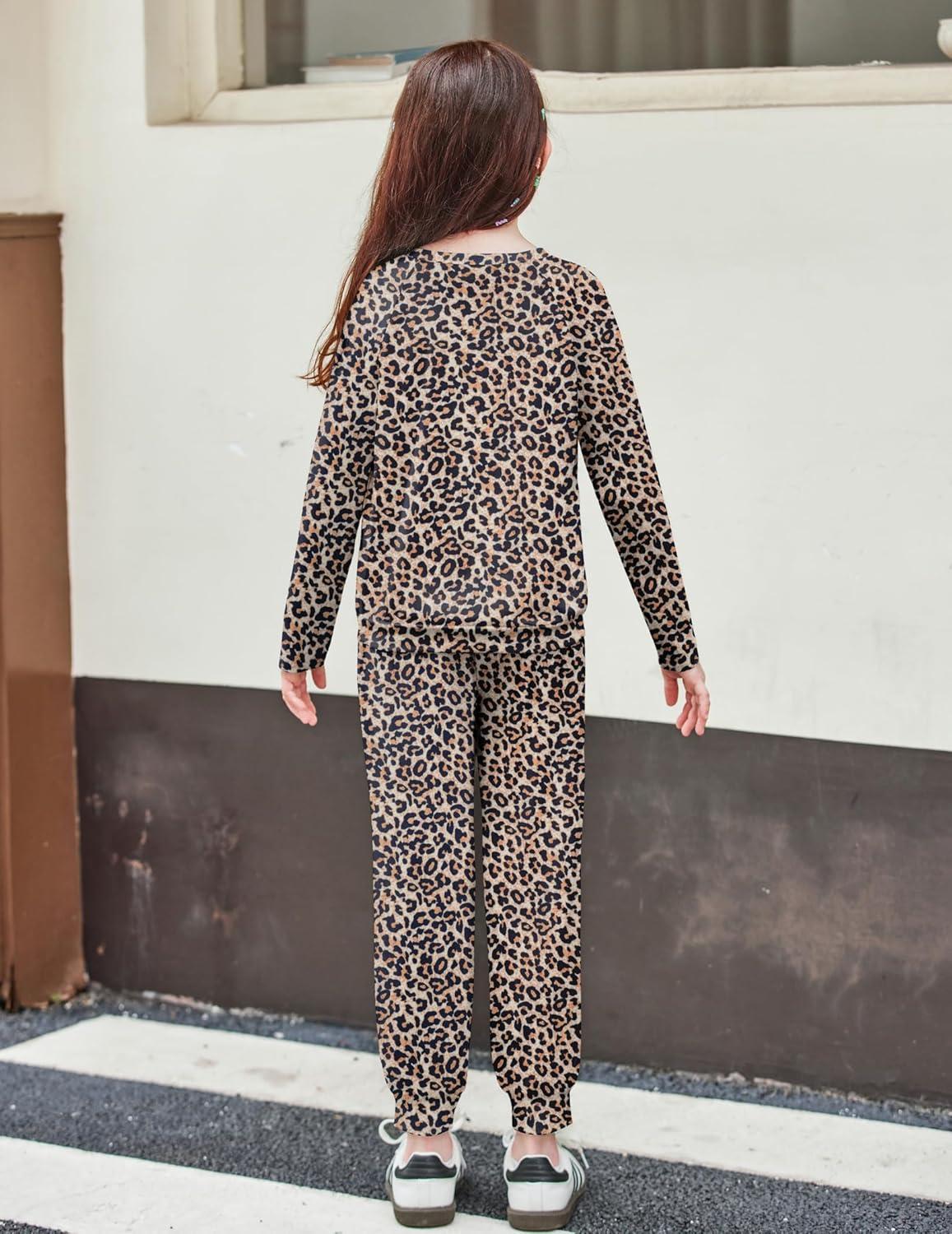 imageArshiner Girls 2 Piece Outfits Fall Clothes Long Sleeve Pullover Sweatshirt and Sweatpants with Pockets Kids ClothingLeopard