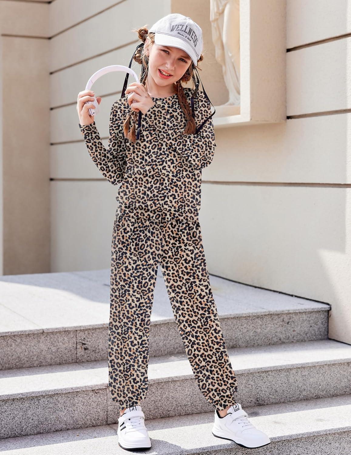 imageArshiner Girls 2 Piece Outfits Fall Clothes Long Sleeve Pullover Sweatshirt and Sweatpants with Pockets Kids ClothingLeopard