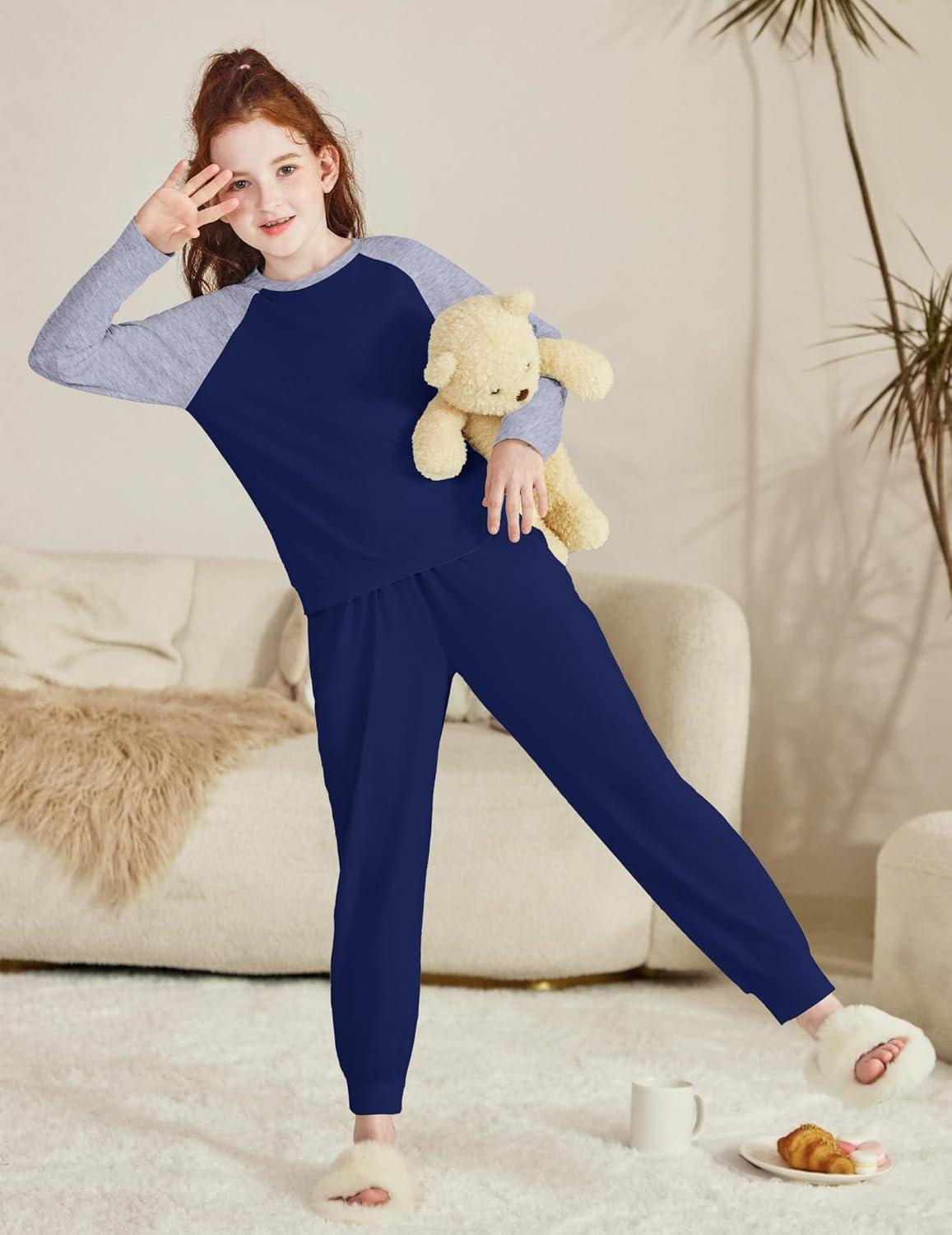 imageArshiner Girls 2 Piece Outfits Fall Clothes Long Sleeve Pullover Sweatshirt and Sweatpants with Pockets Kids ClothingNavy Bluegrey
