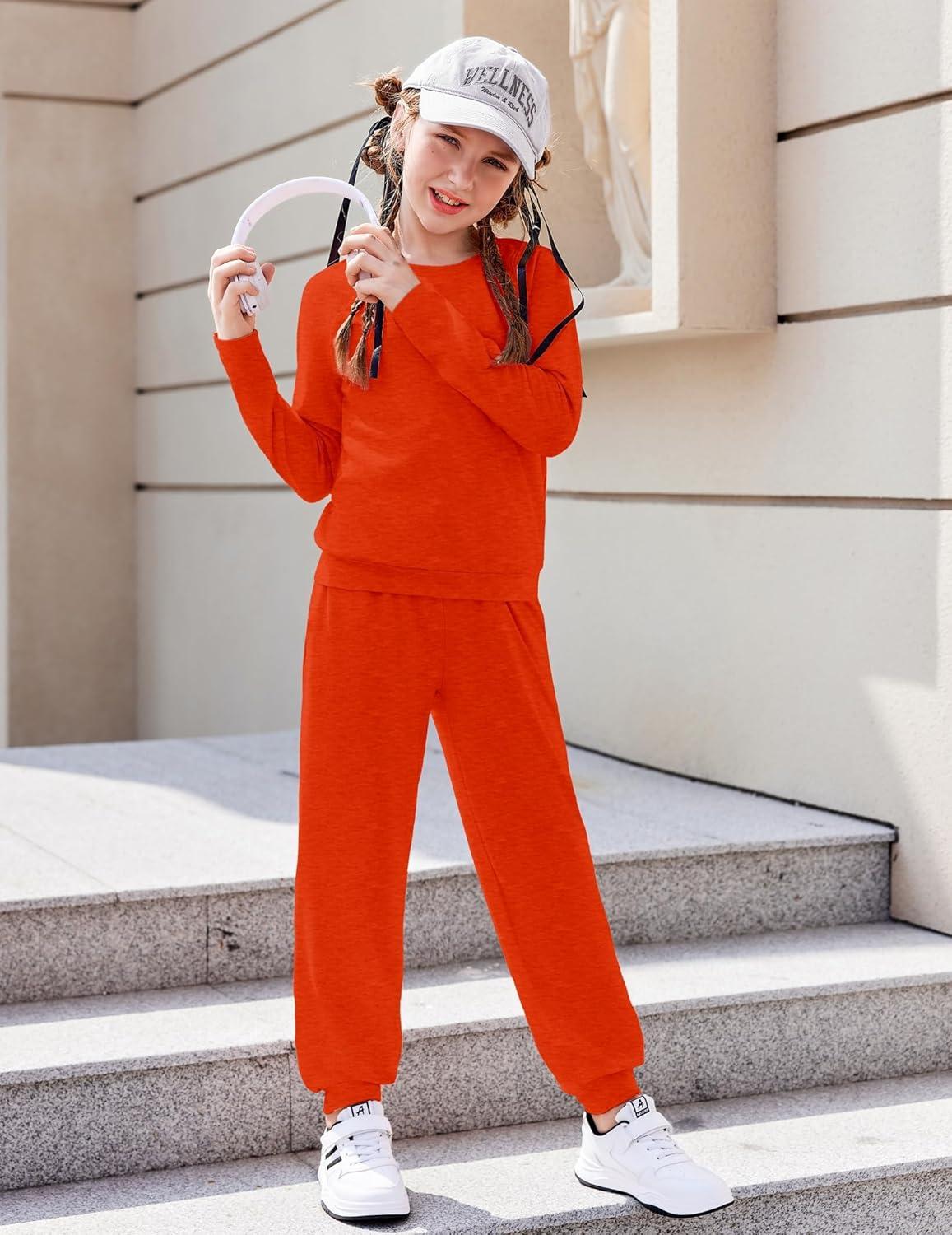 imageArshiner Girls 2 Piece Outfits Fall Clothes Long Sleeve Pullover Sweatshirt and Sweatpants with Pockets Kids ClothingRed