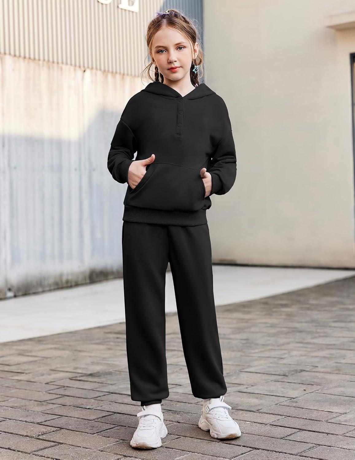 imageArshiner Girls 2 Piece Outfits Fashion Sweatsuits Button Down Hooded Sweatshirt and Sweatpants with Pockets Kids TracksuitBlack