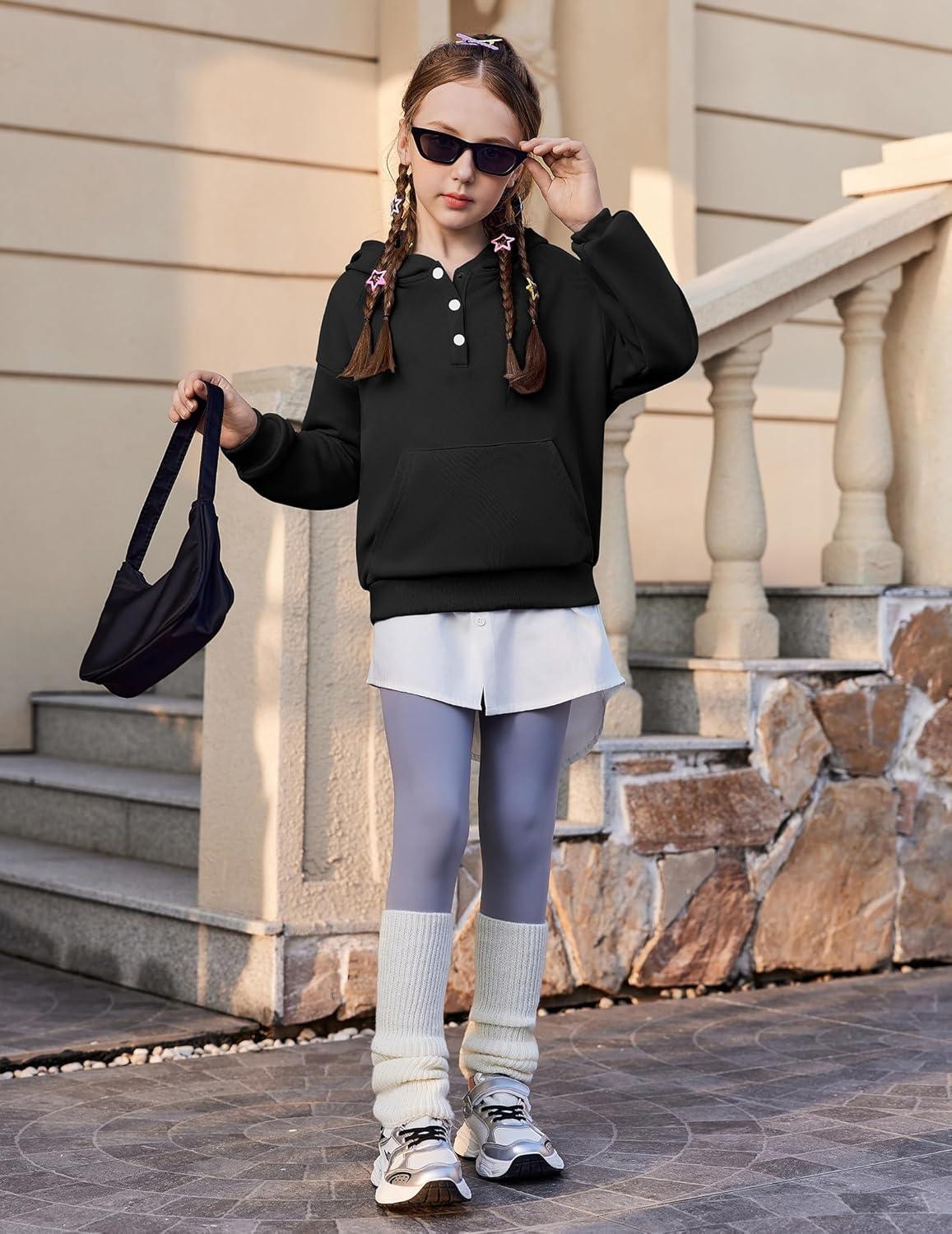 imageArshiner Girls 2 Piece Outfits Fashion Sweatsuits Button Down Hooded Sweatshirt and Sweatpants with Pockets Kids TracksuitBlack