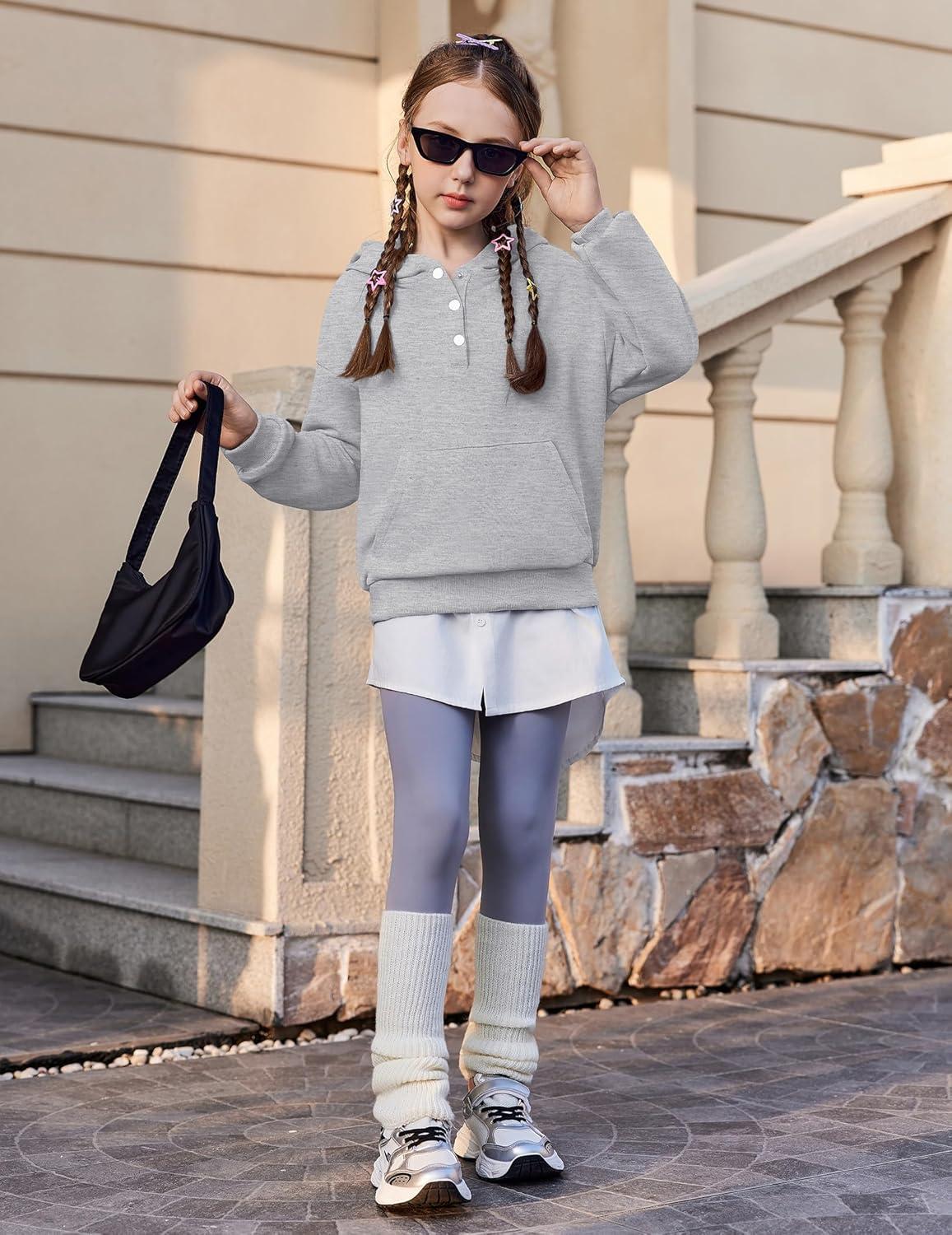 imageArshiner Girls 2 Piece Outfits Fashion Sweatsuits Button Down Hooded Sweatshirt and Sweatpants with Pockets Kids TracksuitGrey