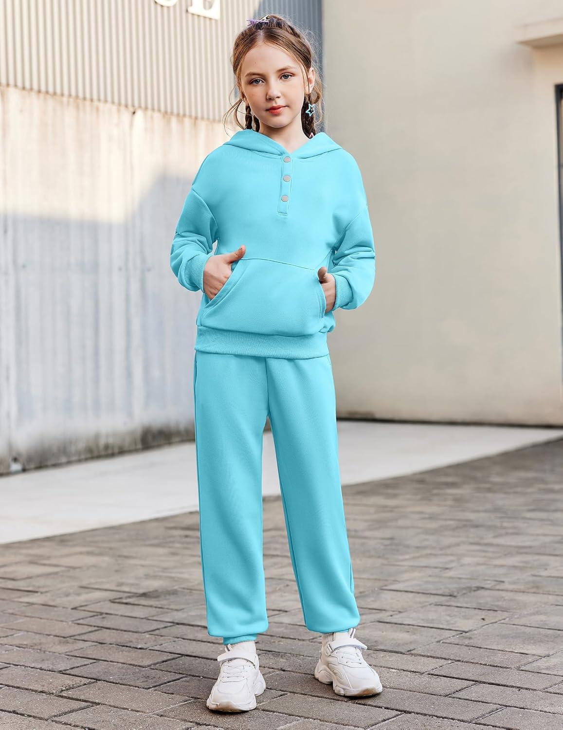 imageArshiner Girls 2 Piece Outfits Fashion Sweatsuits Button Down Hooded Sweatshirt and Sweatpants with Pockets Kids TracksuitIce Blue