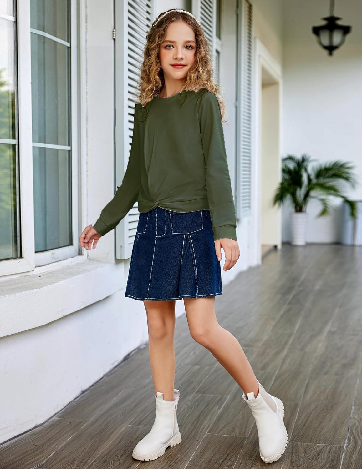 imageArshiner Girls 2 Piece Outfits Sweatsuit Set Twist Front Sweatshirt Wide Leg Sweatpants Tracksuit with PocketsArmy Green