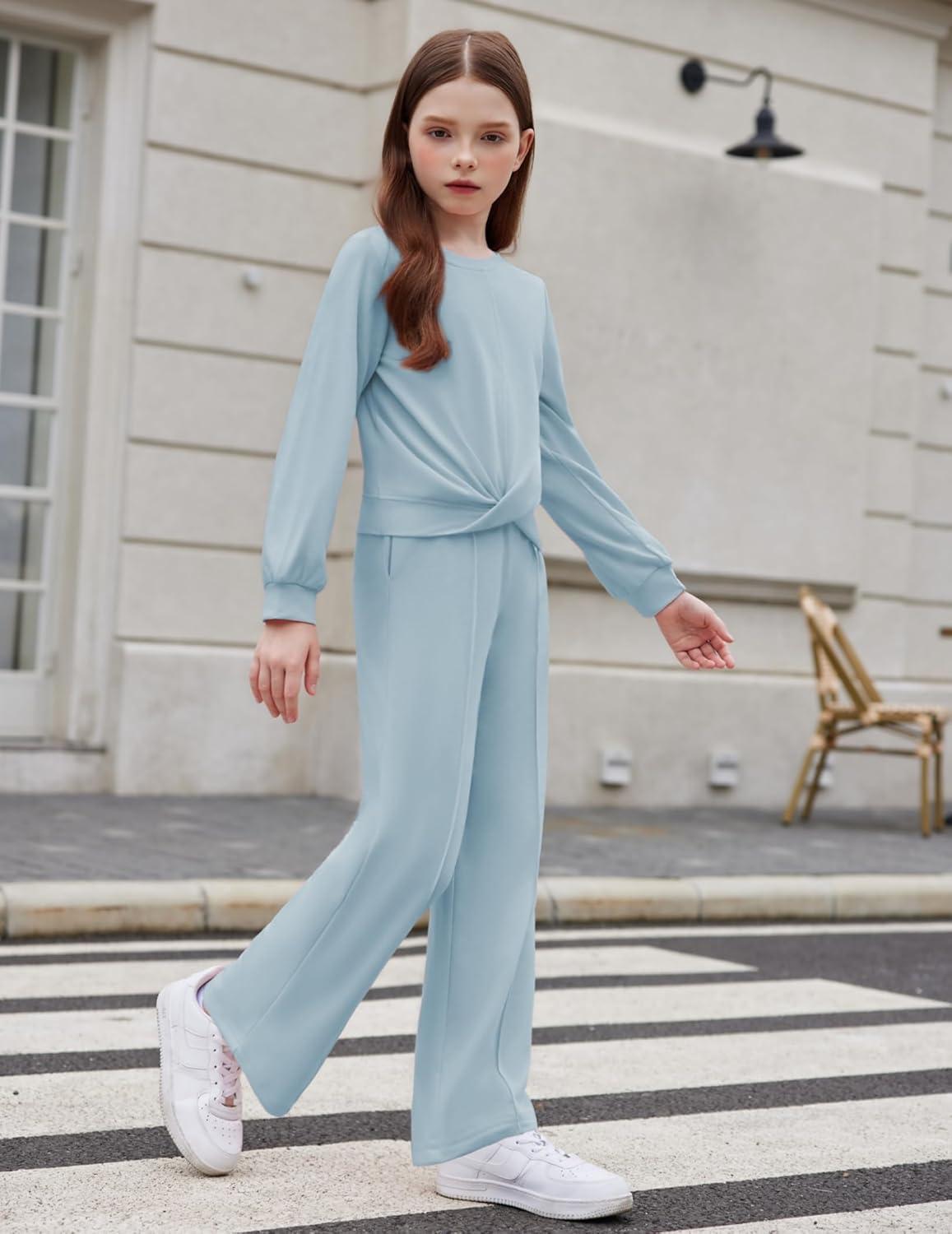 imageArshiner Girls 2 Piece Outfits Sweatsuit Set Twist Front Sweatshirt Wide Leg Sweatpants Tracksuit with PocketsBlue
