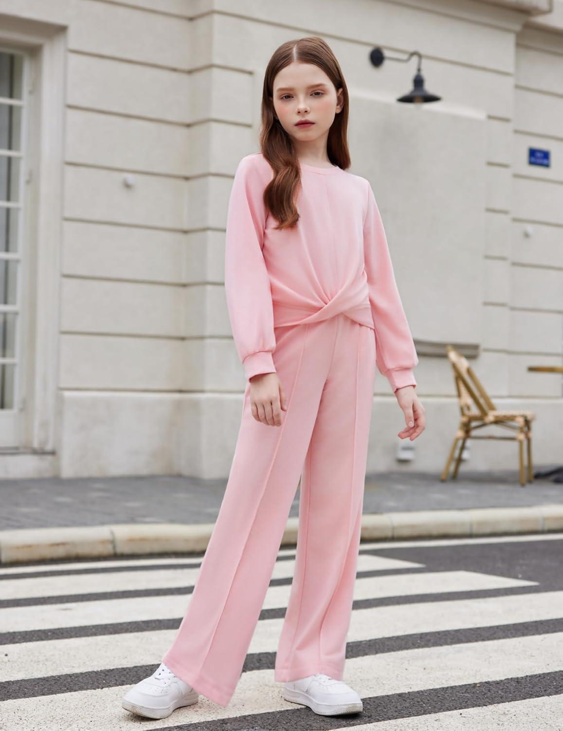 imageArshiner Girls 2 Piece Outfits Sweatsuit Set Twist Front Sweatshirt Wide Leg Sweatpants Tracksuit with PocketsPink