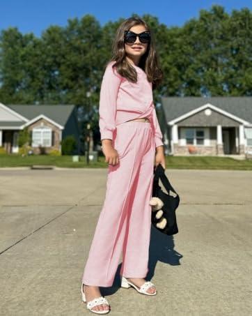 imageArshiner Girls 2 Piece Outfits Sweatsuit Set Twist Front Sweatshirt Wide Leg Sweatpants Tracksuit with PocketsPink