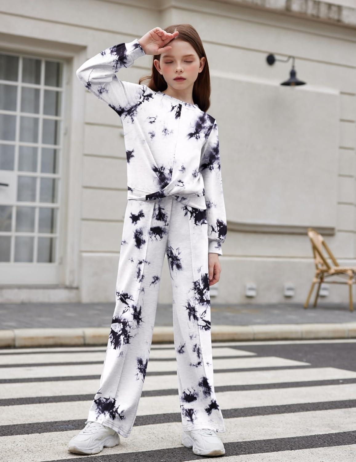imageArshiner Girls 2 Piece Outfits Sweatsuit Set Twist Front Sweatshirt Wide Leg Sweatpants Tracksuit with PocketsTie Dyeblackwhite