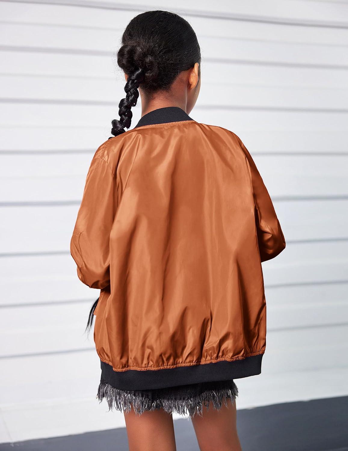 imageArshiner Girls Bomber Jacket Casual Coat Zip Up Outerwear with Pockets for 412 YearsBrown