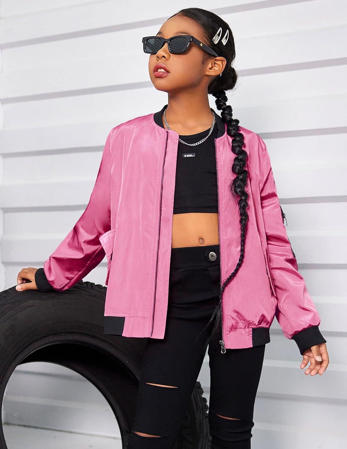 imageArshiner Girls Bomber Jacket Casual Coat Zip Up Outerwear with Pockets for 412 YearsRose Red