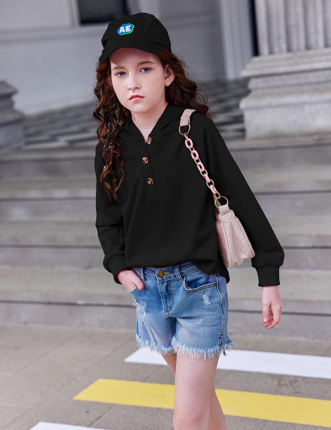 imageArshiner Girls Button Up Hoodies Kids Casual V Neck Sweatshirt Girl Long Sleeve Shirts Tunic Tops Curved Hem 513 YearsBlack