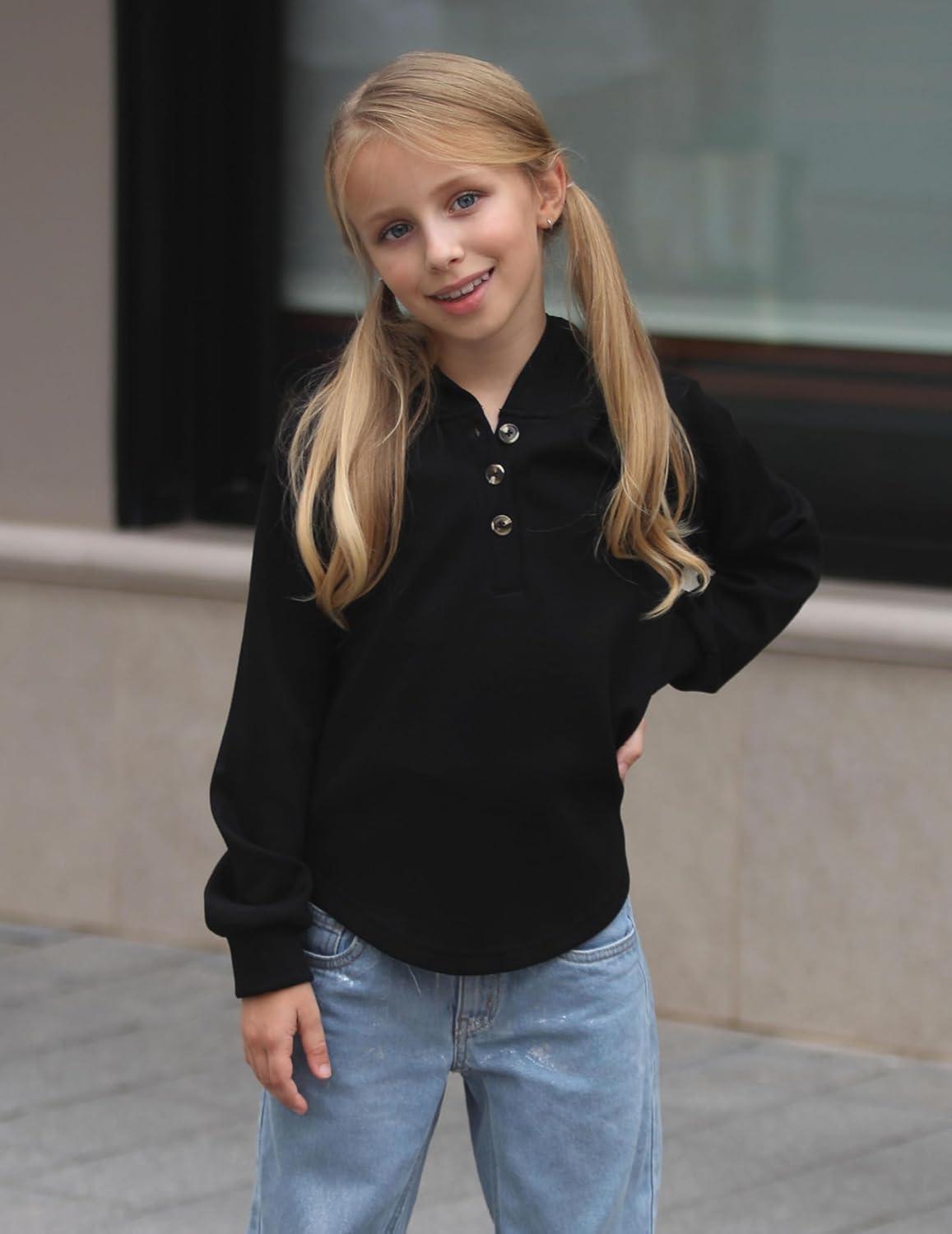 imageArshiner Girls Button Up Hoodies Kids Casual V Neck Sweatshirt Girl Long Sleeve Shirts Tunic Tops Curved Hem 513 YearsBlack