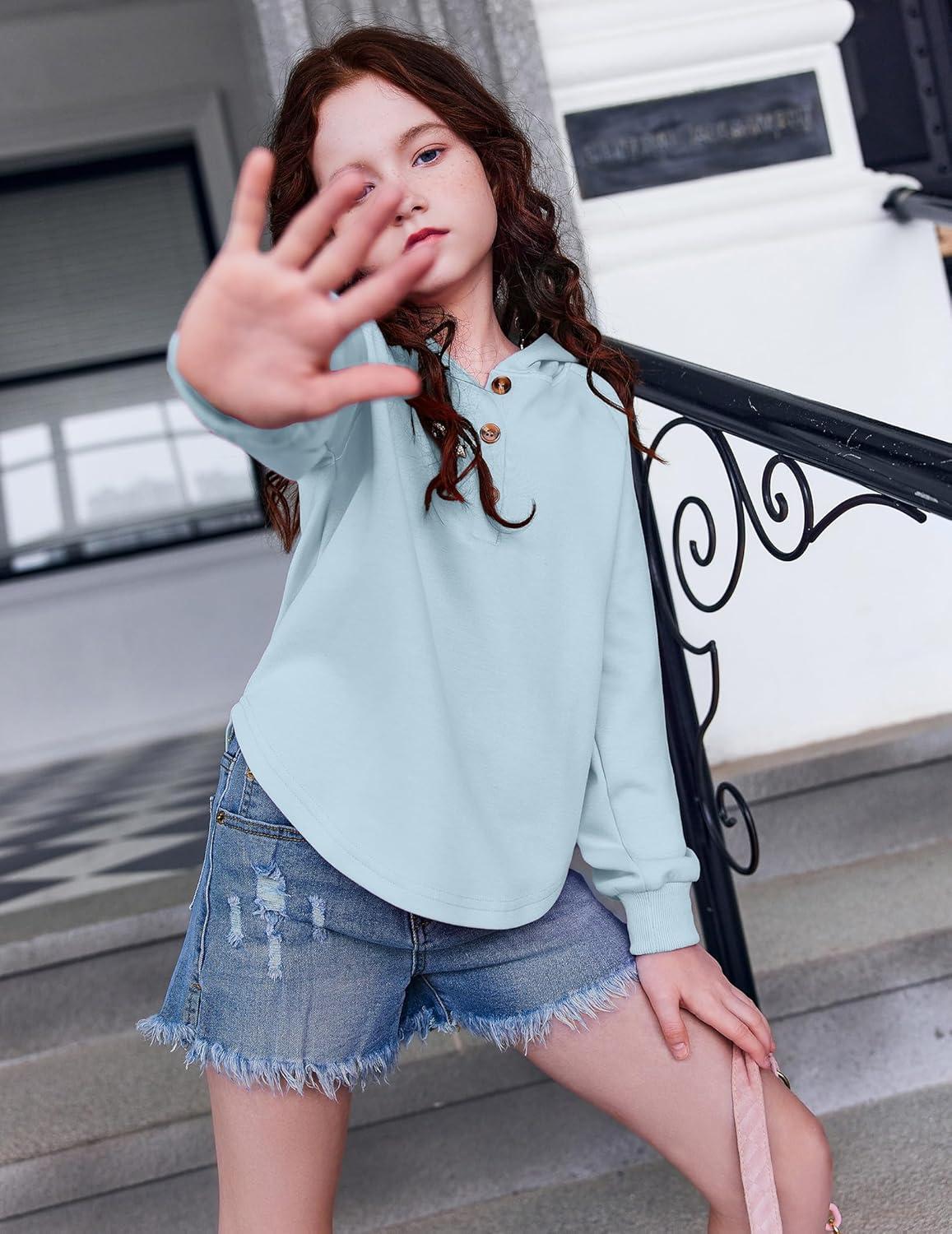 imageArshiner Girls Button Up Hoodies Kids Casual V Neck Sweatshirt Girl Long Sleeve Shirts Tunic Tops Curved Hem 513 YearsBlue