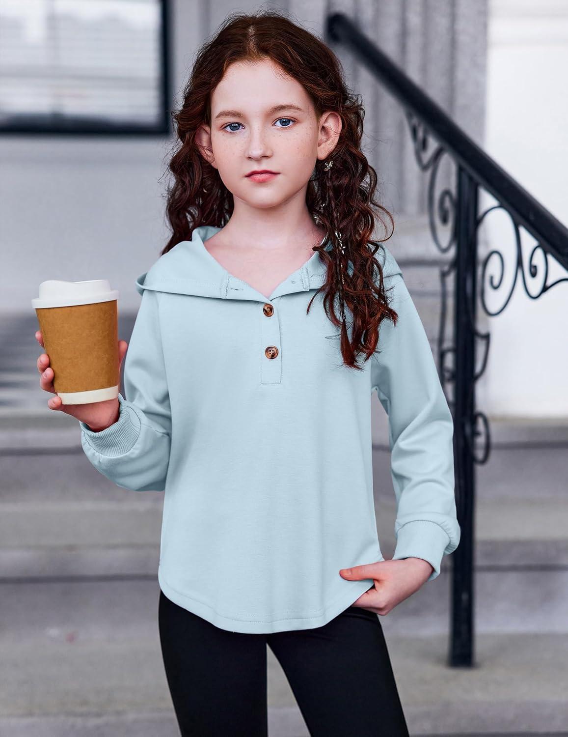 imageArshiner Girls Button Up Hoodies Kids Casual V Neck Sweatshirt Girl Long Sleeve Shirts Tunic Tops Curved Hem 513 YearsBlue