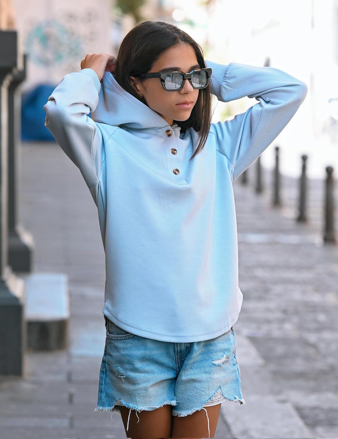 imageArshiner Girls Button Up Hoodies Kids Casual V Neck Sweatshirt Girl Long Sleeve Shirts Tunic Tops Curved Hem 513 YearsBlue