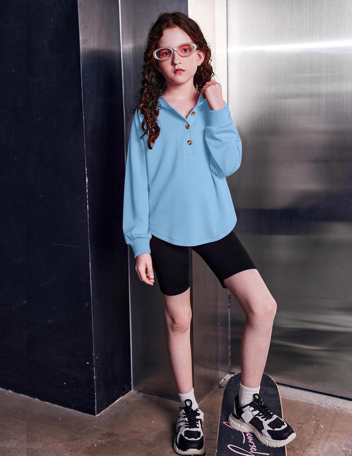 imageArshiner Girls Button Up Hoodies Kids Casual V Neck Sweatshirt Girl Long Sleeve Shirts Tunic Tops Curved Hem 513 YearsDeep Blue