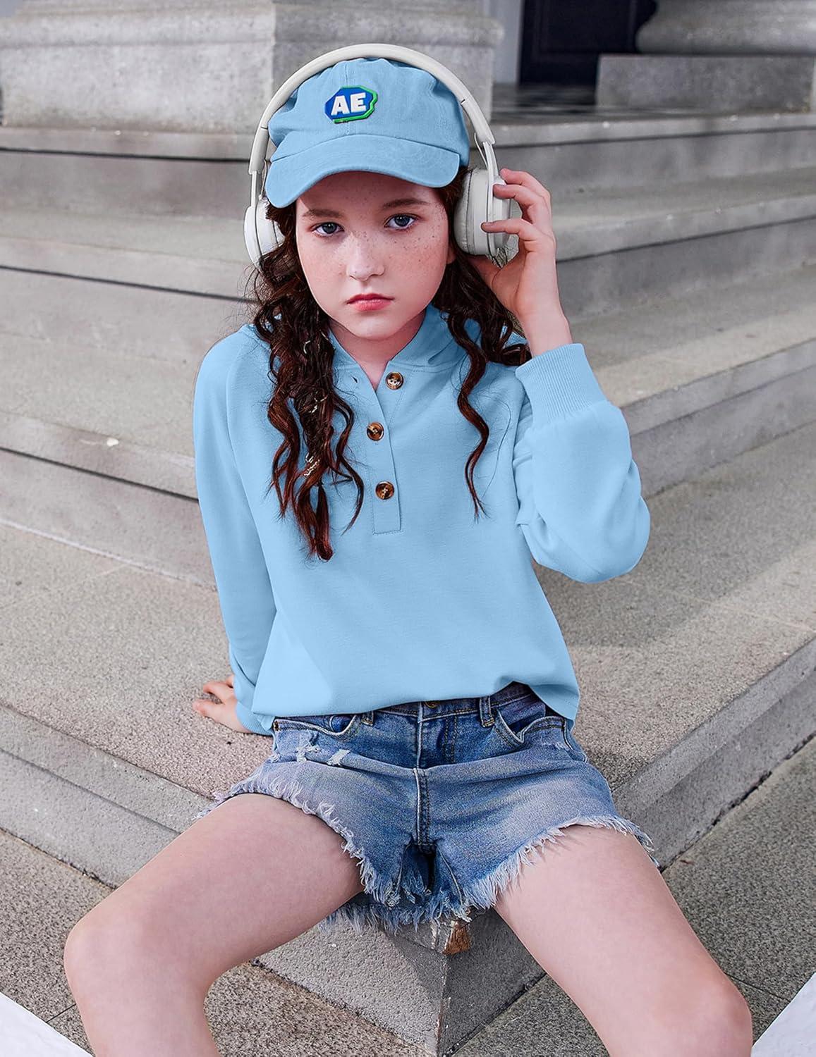 imageArshiner Girls Button Up Hoodies Kids Casual V Neck Sweatshirt Girl Long Sleeve Shirts Tunic Tops Curved Hem 513 YearsDeep Blue