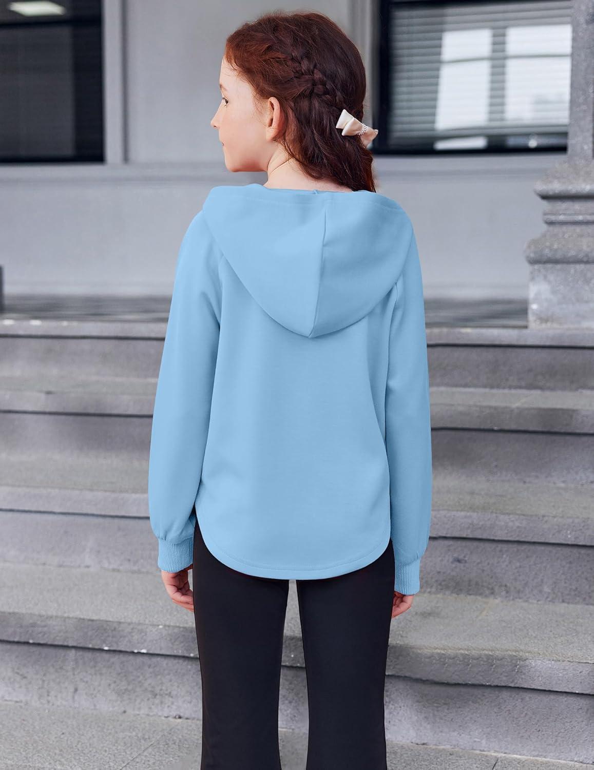 imageArshiner Girls Button Up Hoodies Kids Casual V Neck Sweatshirt Girl Long Sleeve Shirts Tunic Tops Curved Hem 513 YearsDeep Blue