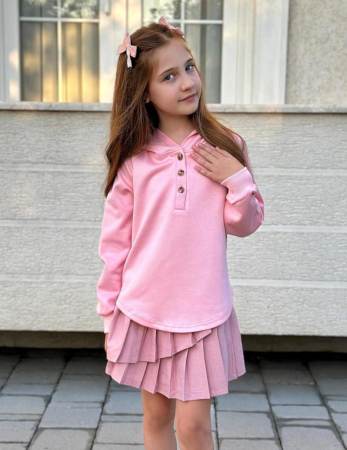imageArshiner Girls Button Up Hoodies Kids Casual V Neck Sweatshirt Girl Long Sleeve Shirts Tunic Tops Curved Hem 513 YearsPink
