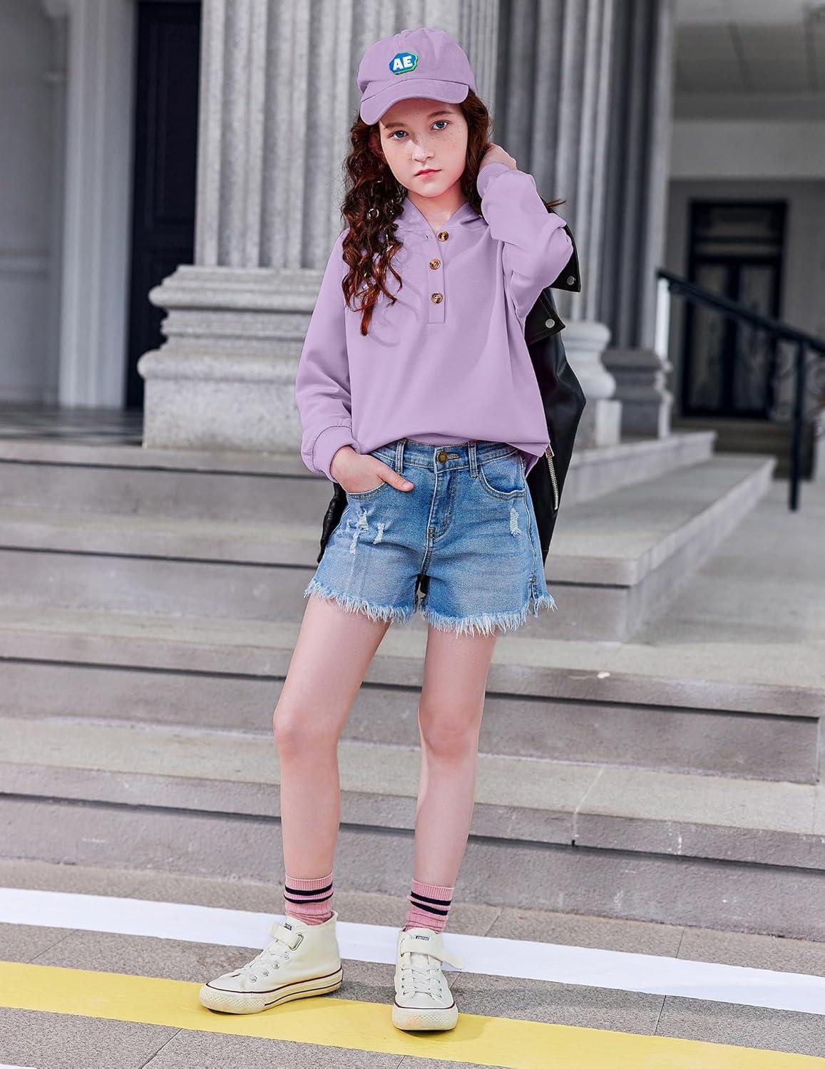 imageArshiner Girls Button Up Hoodies Kids Casual V Neck Sweatshirt Girl Long Sleeve Shirts Tunic Tops Curved Hem 513 YearsPurple