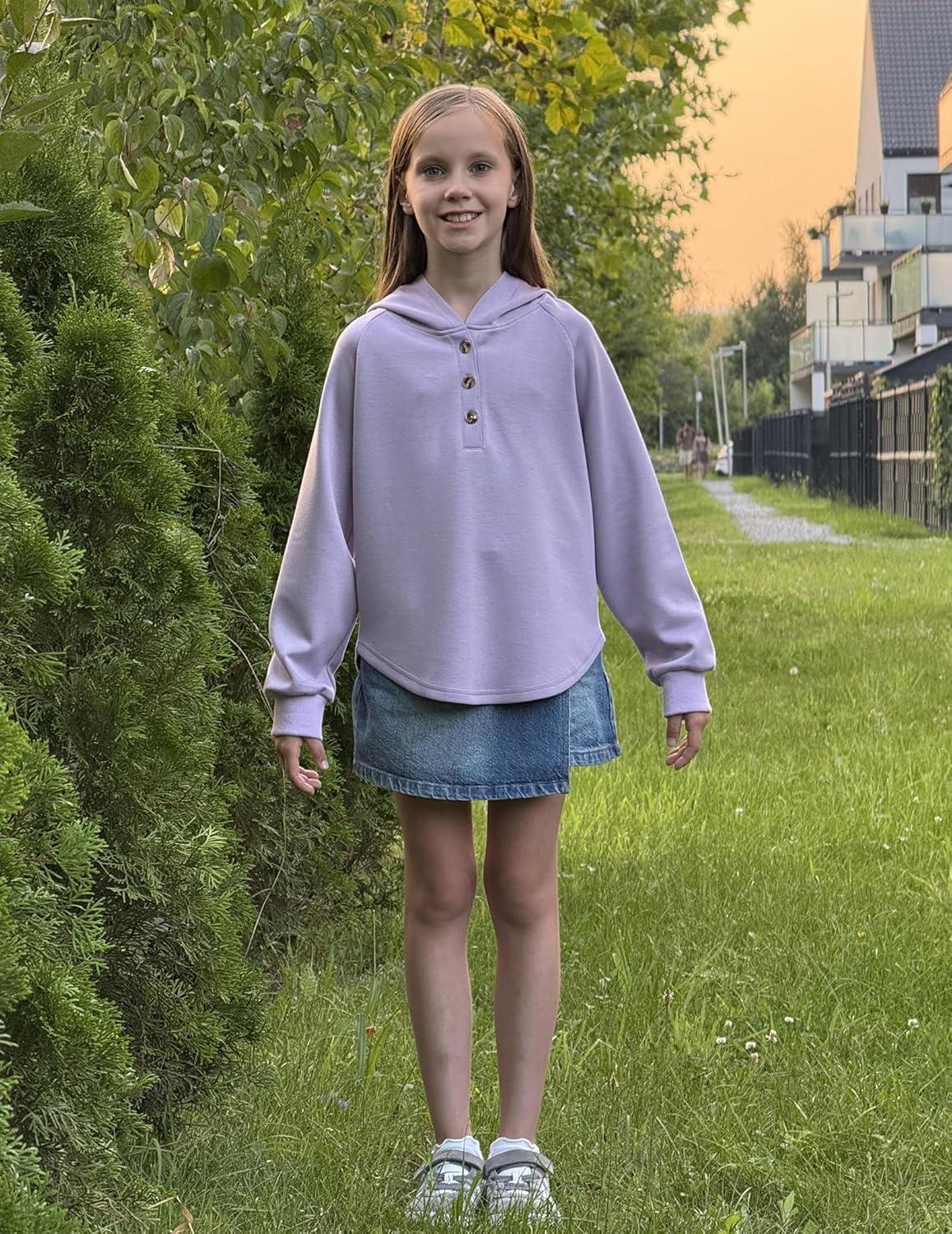 imageArshiner Girls Button Up Hoodies Kids Casual V Neck Sweatshirt Girl Long Sleeve Shirts Tunic Tops Curved Hem 513 YearsPurple