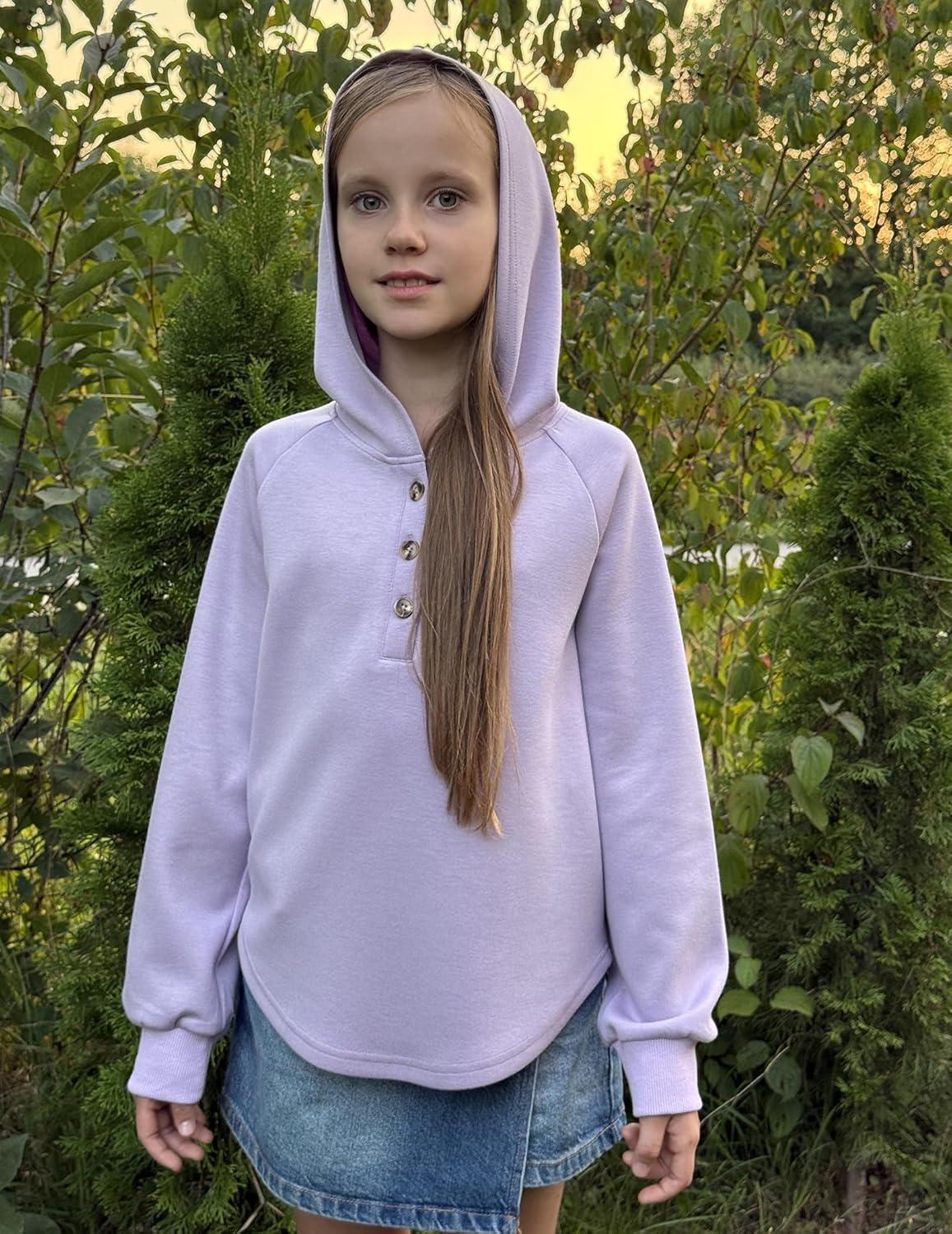imageArshiner Girls Button Up Hoodies Kids Casual V Neck Sweatshirt Girl Long Sleeve Shirts Tunic Tops Curved Hem 513 YearsPurple