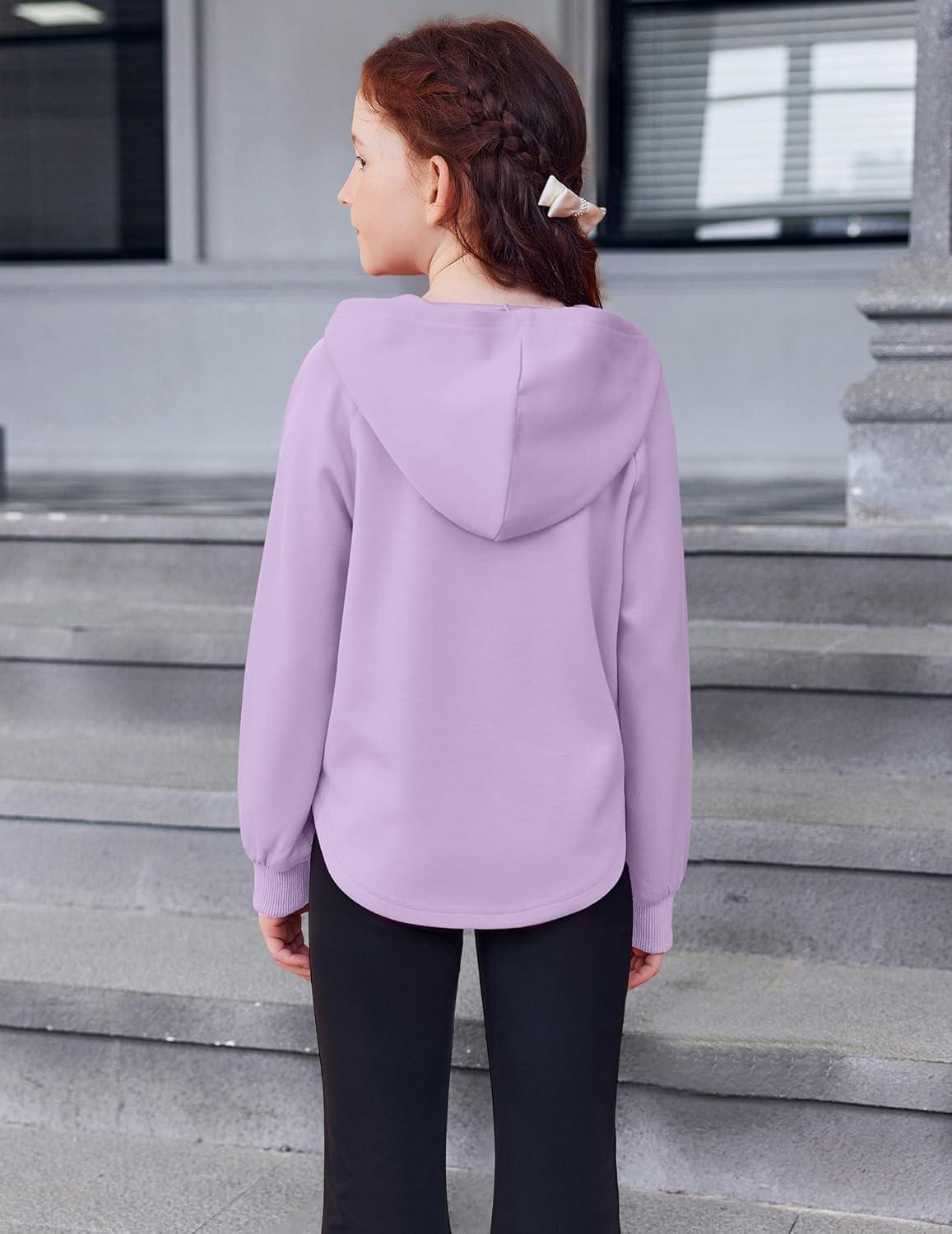 imageArshiner Girls Button Up Hoodies Kids Casual V Neck Sweatshirt Girl Long Sleeve Shirts Tunic Tops Curved Hem 513 YearsPurple