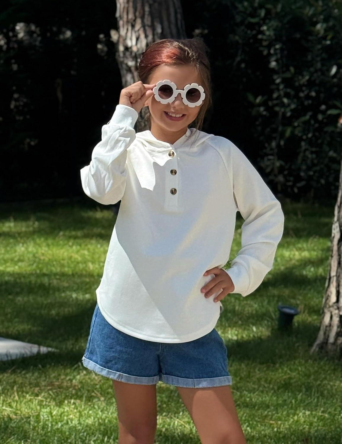 imageArshiner Girls Button Up Hoodies Kids Casual V Neck Sweatshirt Girl Long Sleeve Shirts Tunic Tops Curved Hem 513 YearsWhite
