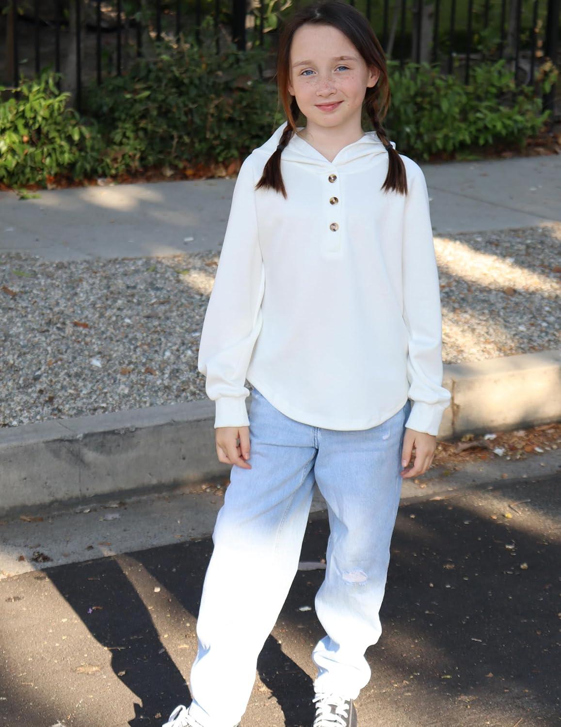 imageArshiner Girls Button Up Hoodies Kids Casual V Neck Sweatshirt Girl Long Sleeve Shirts Tunic Tops Curved Hem 513 YearsWhite