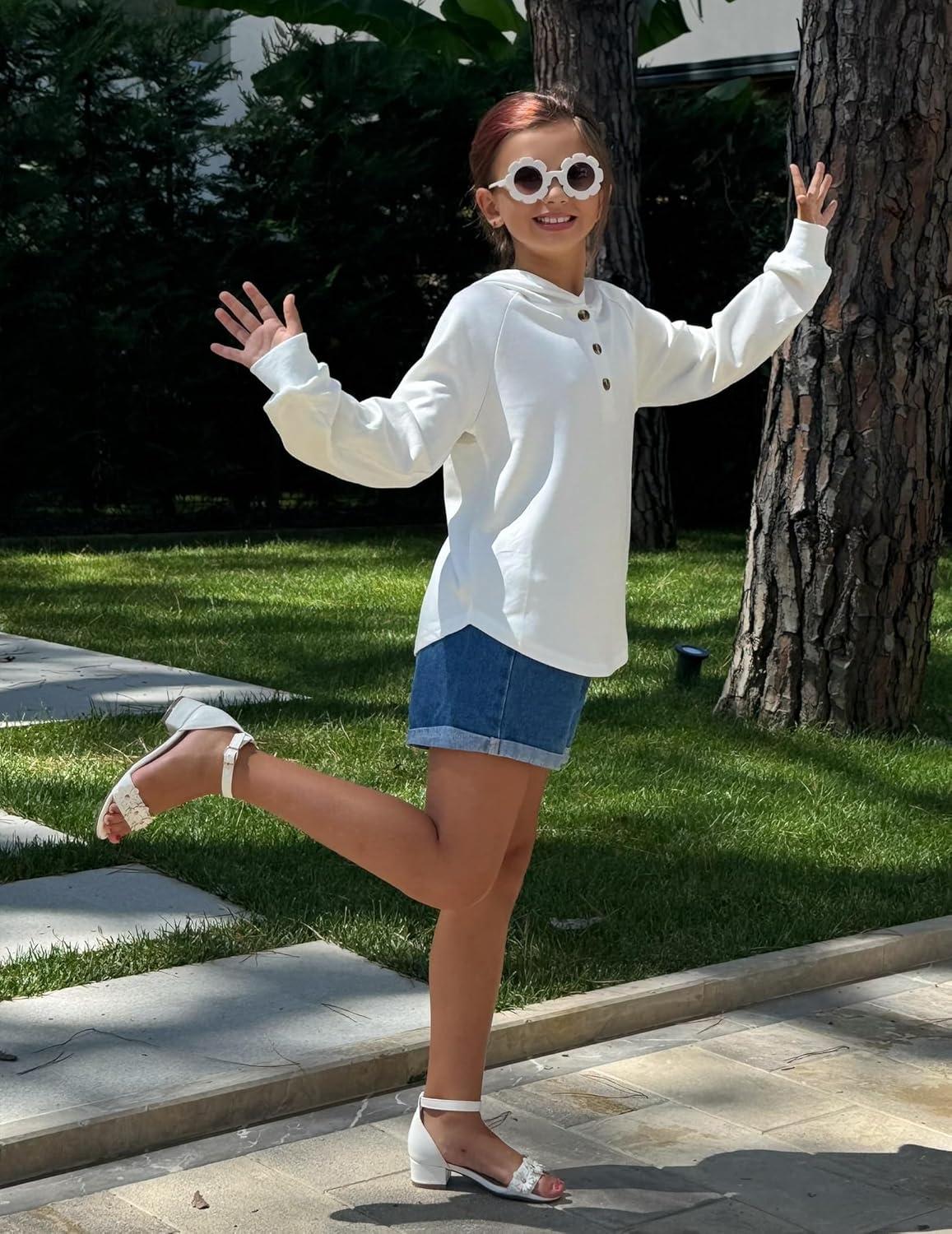 imageArshiner Girls Button Up Hoodies Kids Casual V Neck Sweatshirt Girl Long Sleeve Shirts Tunic Tops Curved Hem 513 YearsWhite