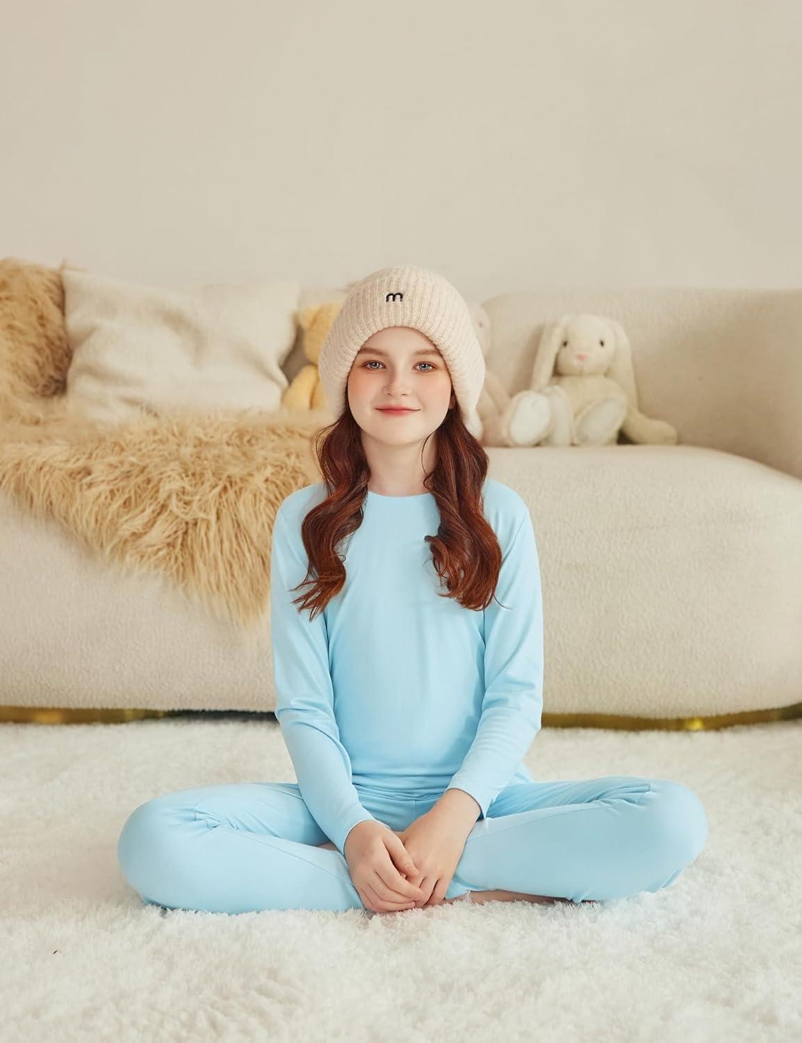 imageArshiner Girls Clothes 2 Piece Fall Outfits Slim Long Sleeve Shirt and Leggings Set Kids Thermal Underwear setsBlue