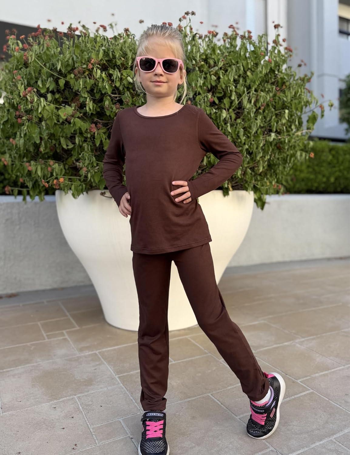 imageArshiner Girls Clothes 2 Piece Fall Outfits Slim Long Sleeve Shirt and Leggings Set Kids Thermal Underwear setsBrown