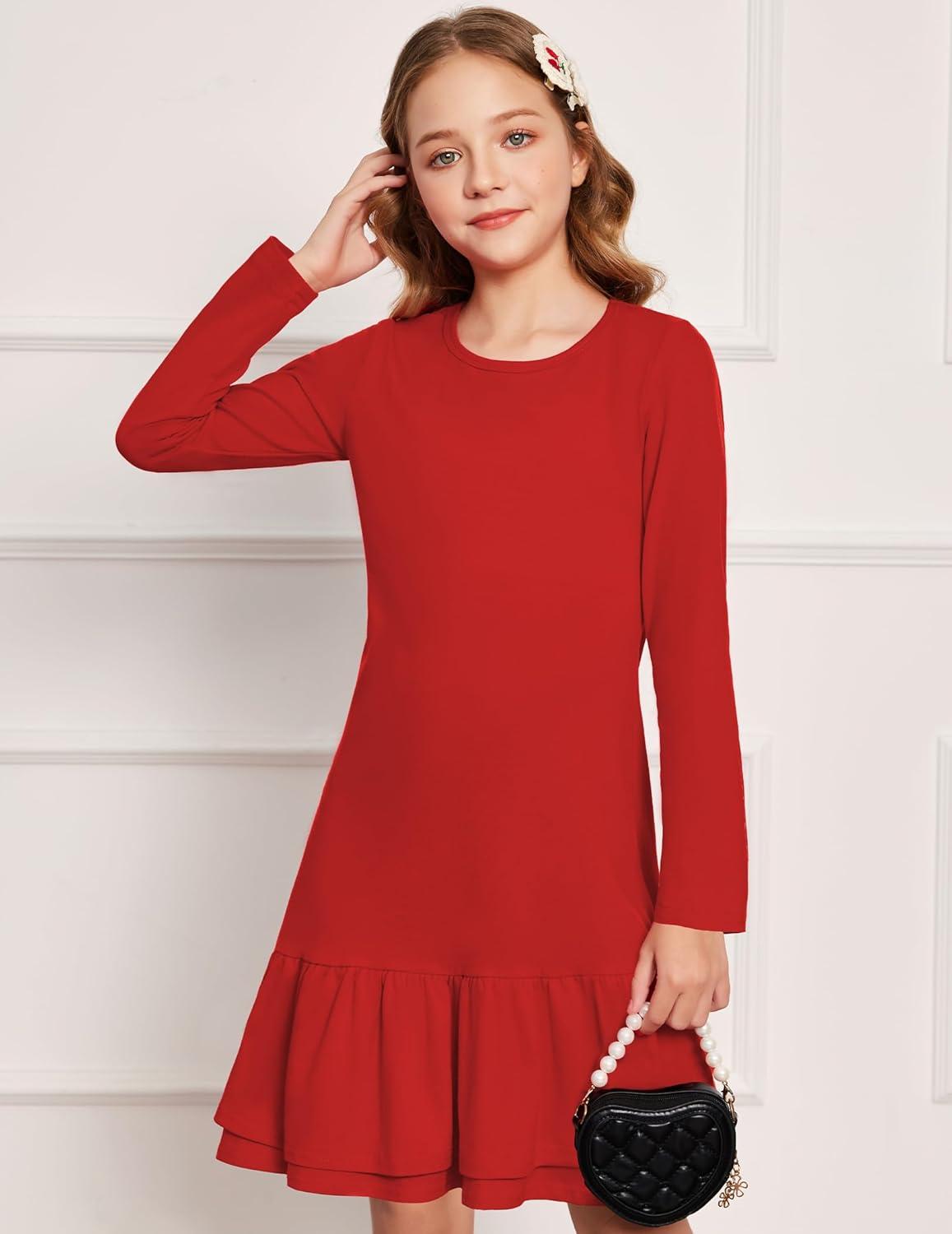 imageArshiner Girls Cotton Long Sleeve ALine Ruffle Hem Dress for School