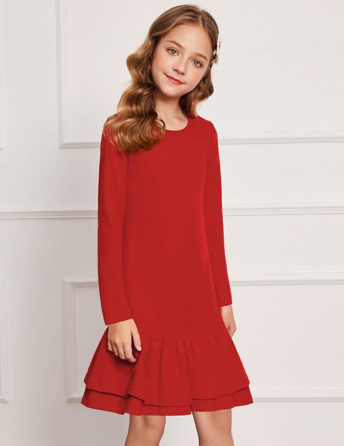 imageArshiner Girls Cotton Long Sleeve ALine Ruffle Hem Dress for School