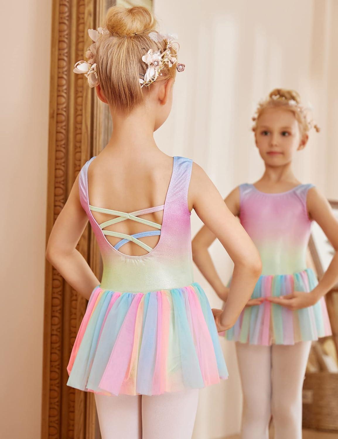 imageArshiner Girls Dance Tutu Dress Sparkly Sequin Ballet Leotards Cross Back Ballerina Costumes for Toddler PartyRainbow