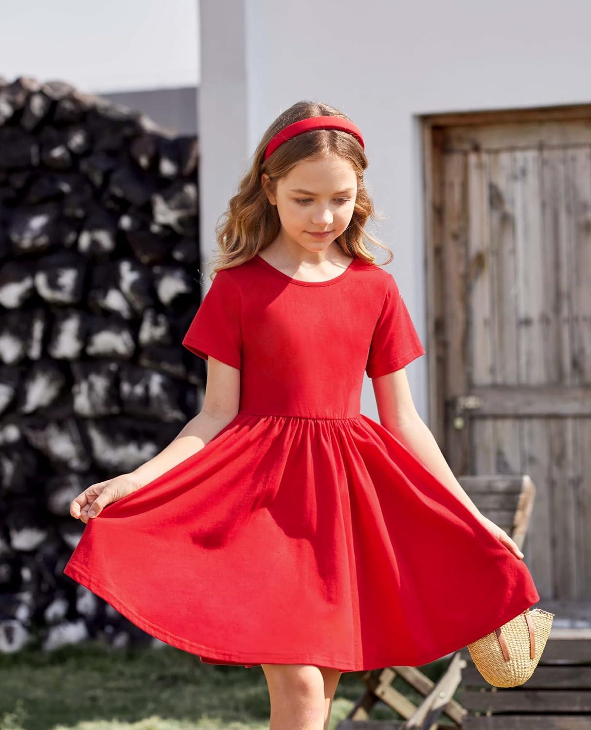 imageArshiner Girls Dress Short Sleeve Solid Summer Aline Swing Twirly Skater Casual Dresses for Kids 414 Years
