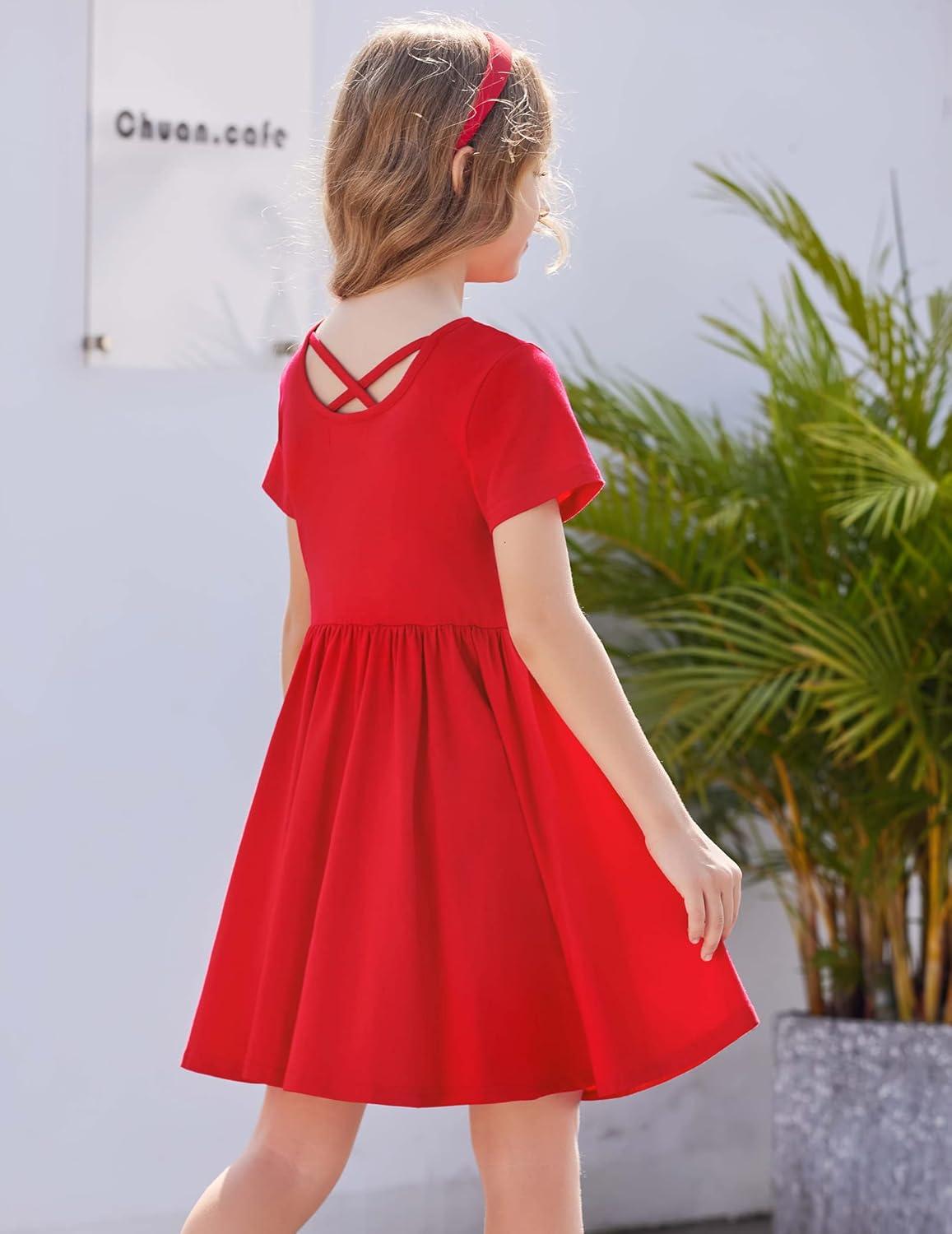 imageArshiner Girls Dress Short Sleeve Solid Summer Aline Swing Twirly Skater Casual Dresses for Kids 414 Years