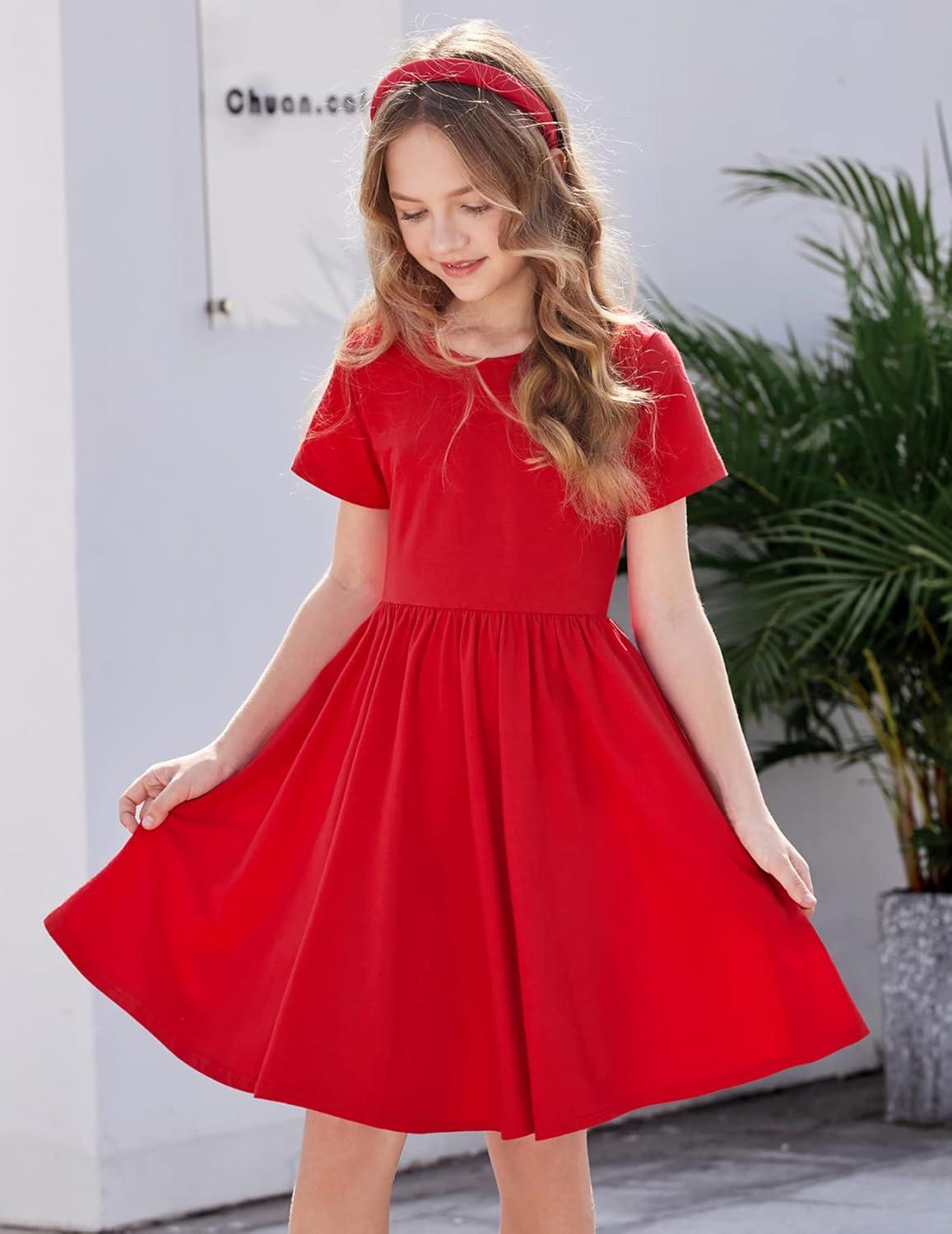 imageArshiner Girls Dress Short Sleeve Solid Summer Aline Swing Twirly Skater Casual Dresses for Kids 414 Years