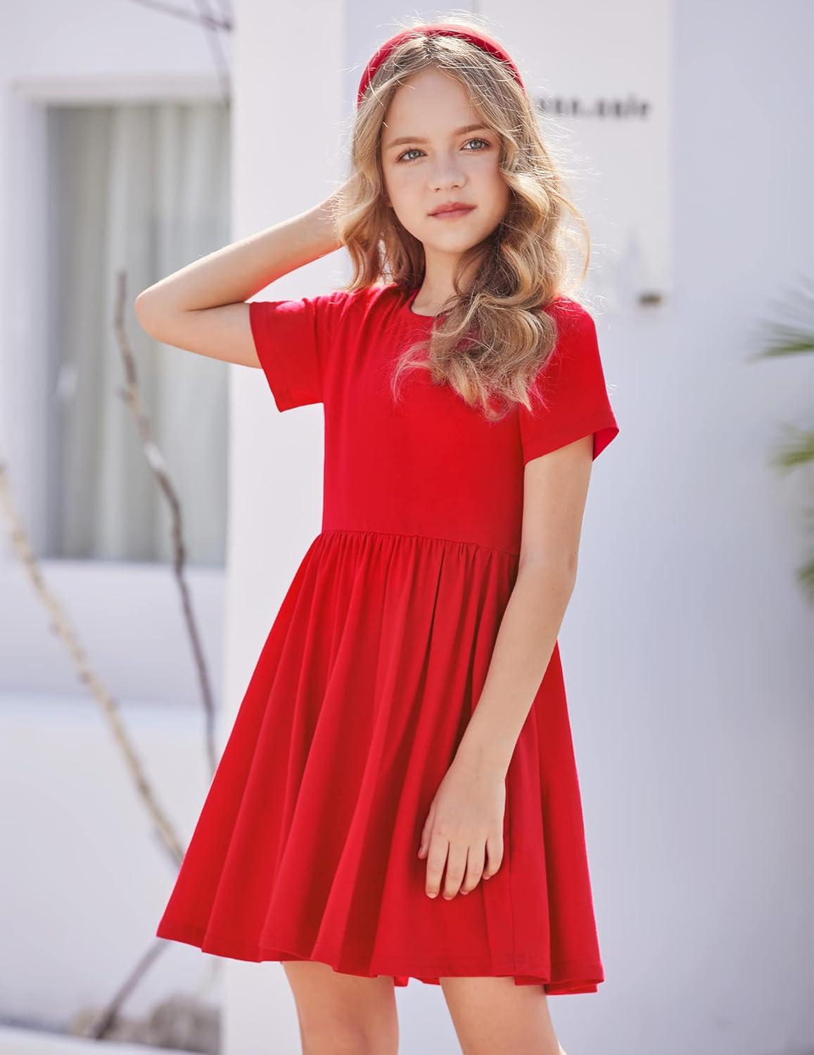 imageArshiner Girls Dress Short Sleeve Solid Summer Aline Swing Twirly Skater Casual Dresses for Kids 414 Years