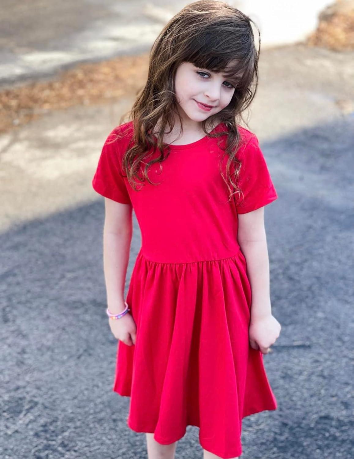 imageArshiner Girls Dress Short Sleeve Solid Summer Aline Swing Twirly Skater Casual Dresses for Kids 414 Years