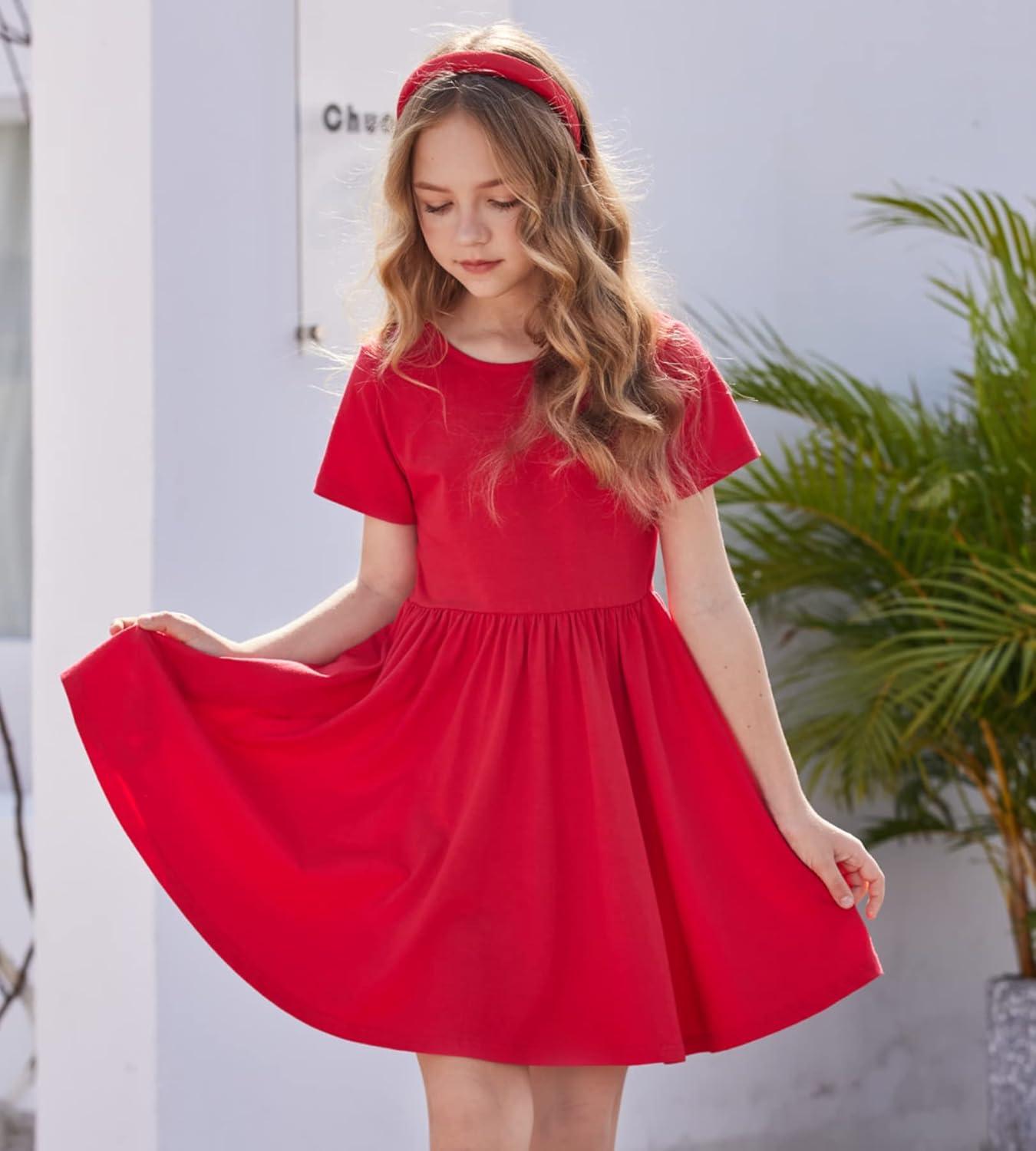imageArshiner Girls Dress Short Sleeve Solid Summer Aline Swing Twirly Skater Casual Dresses for Kids 414 Years