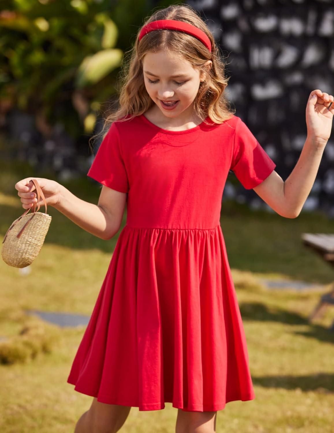 imageArshiner Girls Dress Short Sleeve Solid Summer Aline Swing Twirly Skater Casual Dresses for Kids 414 Years