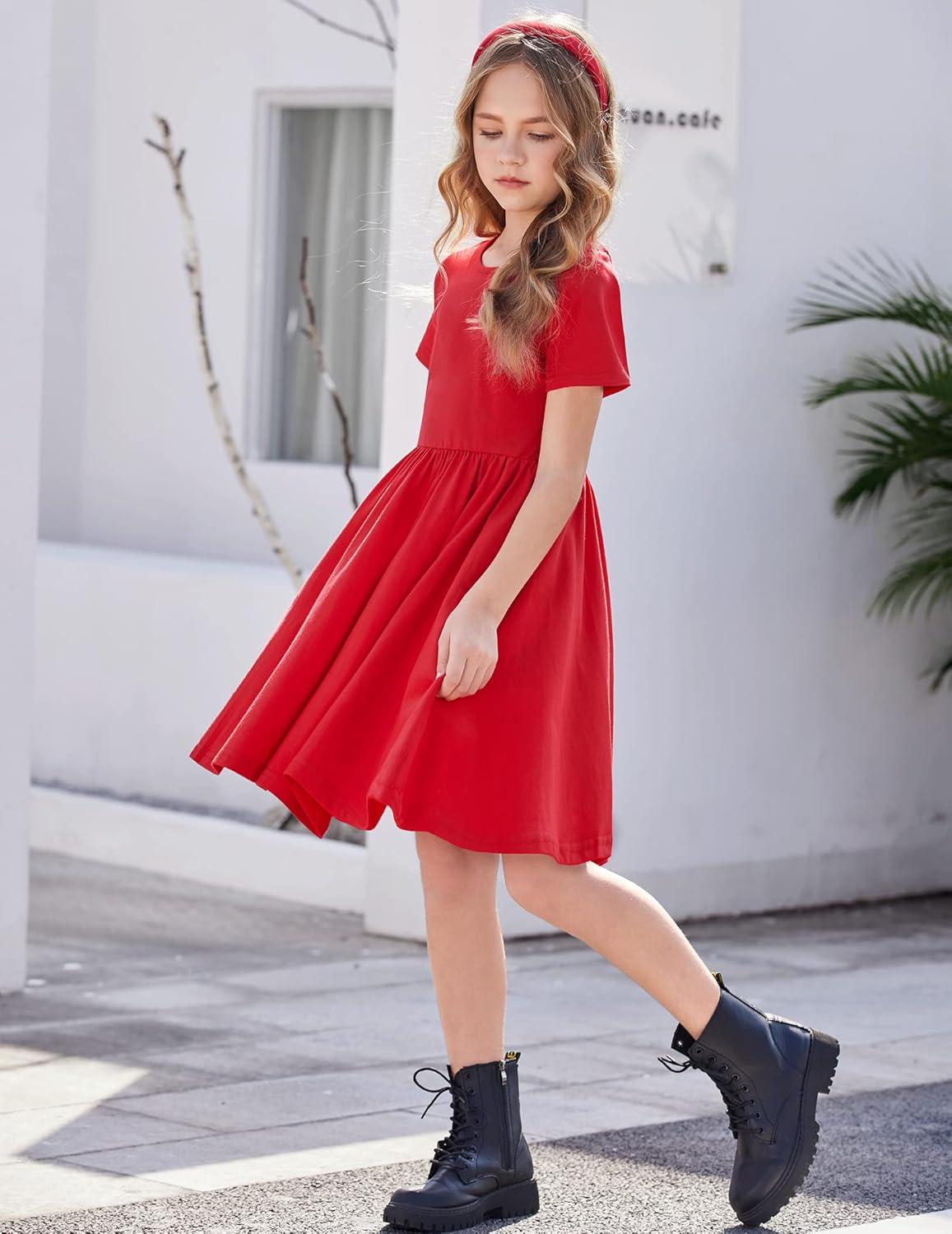 imageArshiner Girls Dress Short Sleeve Solid Summer Aline Swing Twirly Skater Casual Dresses for Kids 414 Years