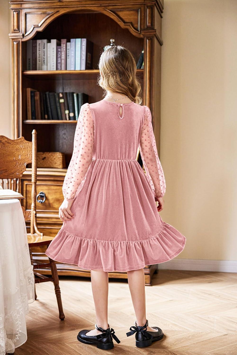 imageArshiner Girls Dresses Contrast Mesh Velvet Long Sleeve ALine Vintage Party Dress with PocketsPink
