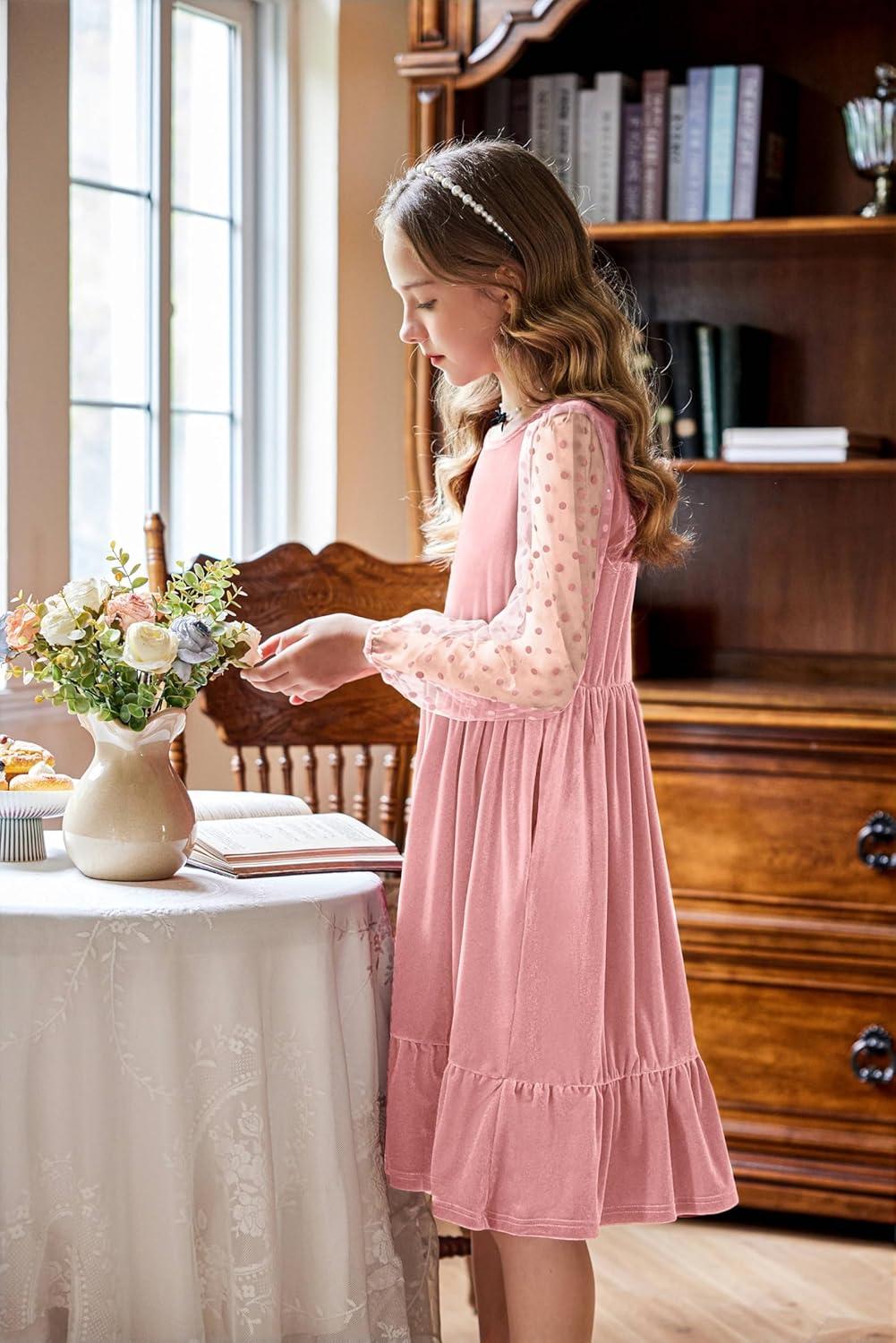 imageArshiner Girls Dresses Contrast Mesh Velvet Long Sleeve ALine Vintage Party Dress with PocketsPink