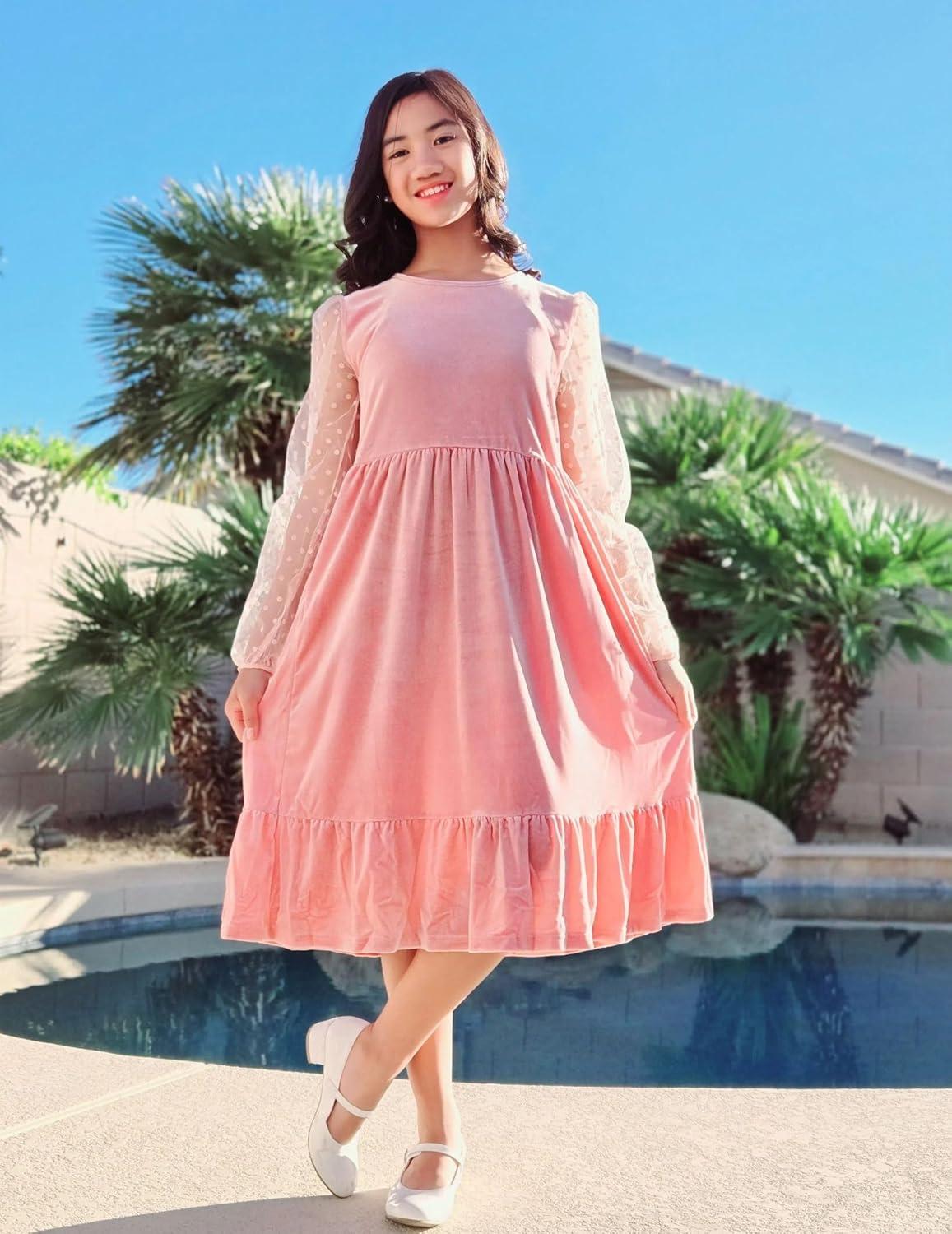 imageArshiner Girls Dresses Contrast Mesh Velvet Long Sleeve ALine Vintage Party Dress with PocketsPink
