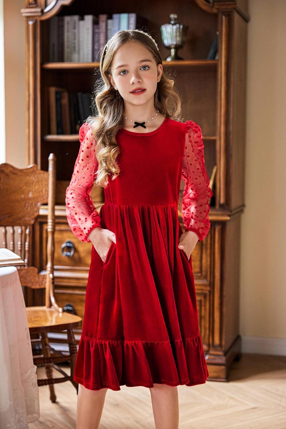 imageArshiner Girls Dresses Contrast Mesh Velvet Long Sleeve ALine Vintage Party Dress with PocketsRed