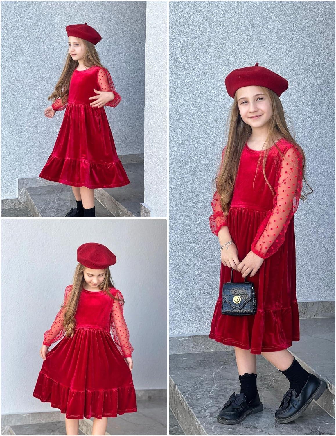 imageArshiner Girls Dresses Contrast Mesh Velvet Long Sleeve ALine Vintage Party Dress with PocketsRed