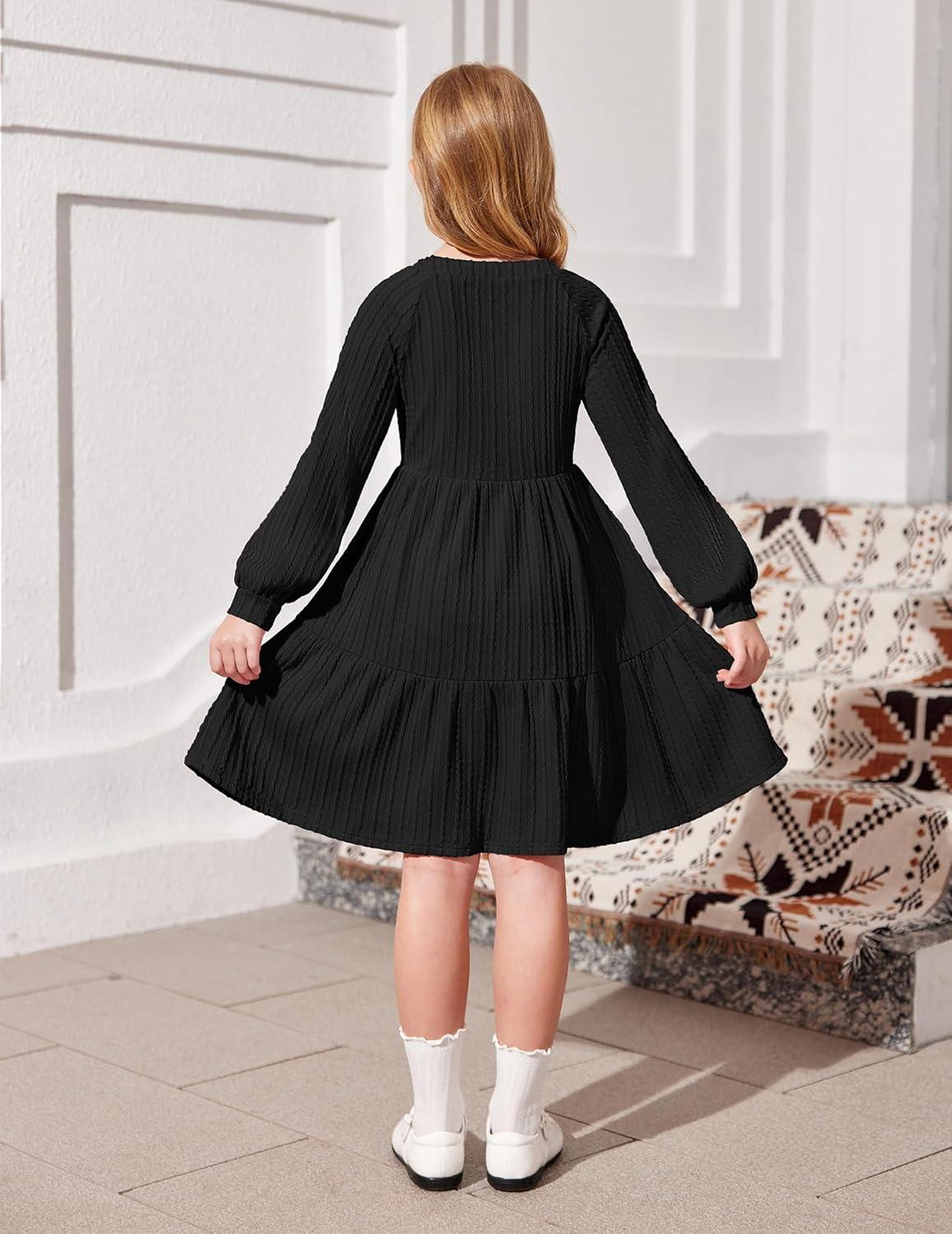 imageArshiner Girls Dresses Lantern Long Sleeve Textured Casual Dress with Pockets for 512 YearsBlack